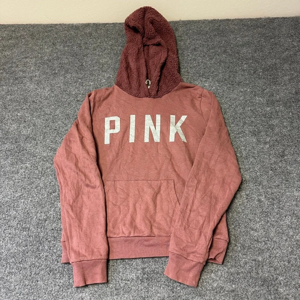 Pink Hoodie Womens Size S Mauve Rose Sherpa Hood Glitter Logo Pullover Sweater